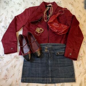 Vintage-Inspired Deep Red Faux Suede Tradition Jacket